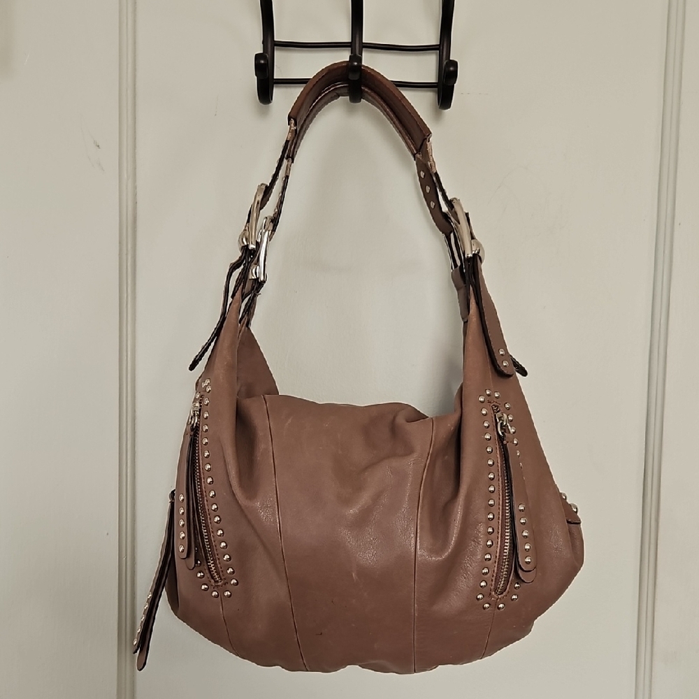 B. makowsky Studded Brown Leather Hobo Bag